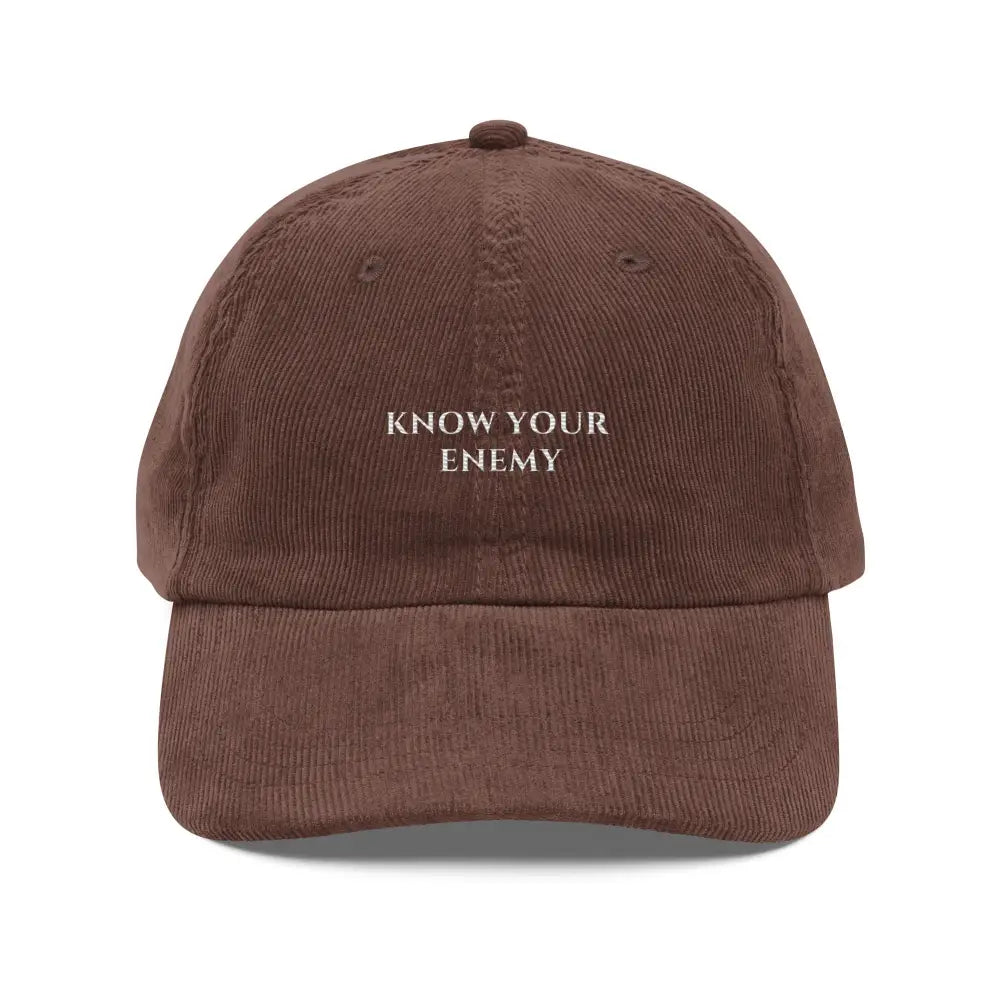 Trini Skies brown premium corduroy hat with KNOW YOUR ENEMY embroidery