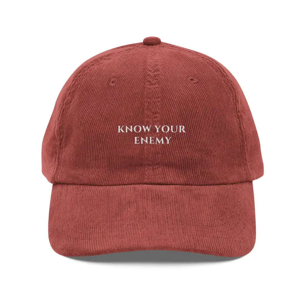 Trini Skies Know Your Enemy embroidered reddish-brown premium corduroy baseball cap