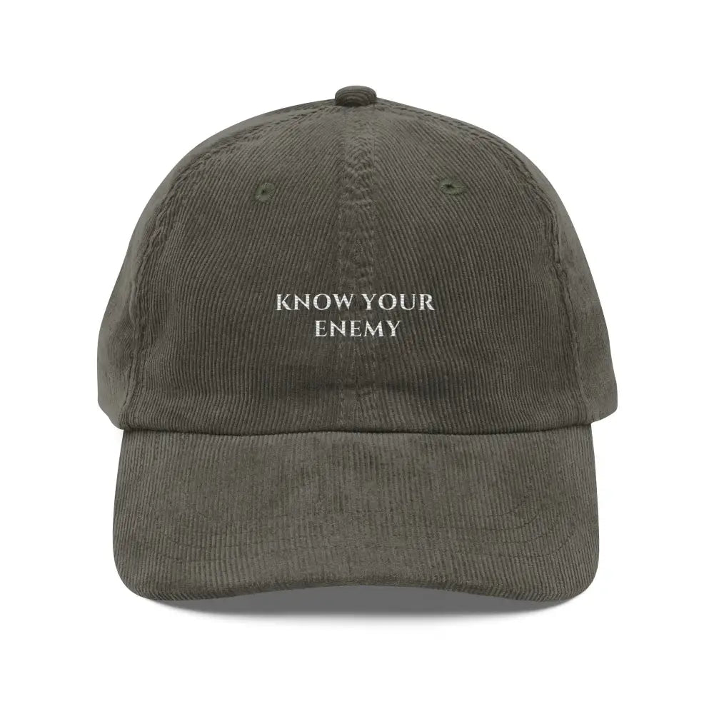 Trini Skies olive green corduroy baseball cap with KNOW YOUR ENEMY embroidery
