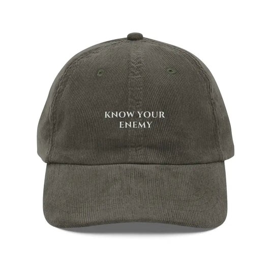 Trini Skies olive green corduroy baseball cap with KNOW YOUR ENEMY embroidery