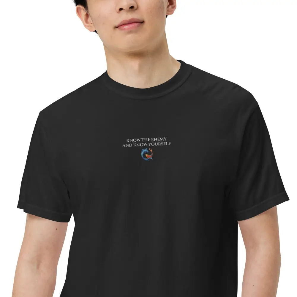 Black short-sleeved tee with bold koi design yin yang graphic on chest