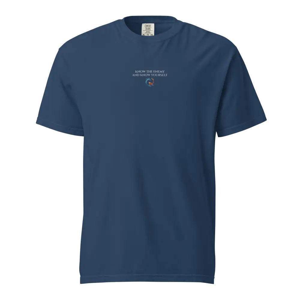 Navy blue short-sleeve crew-neck tee with bold koi design channeling ancient wisdom