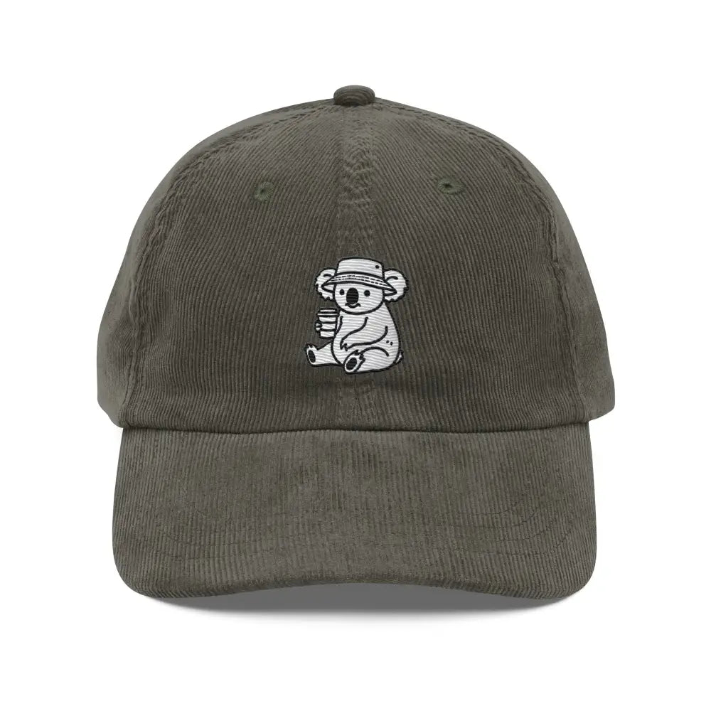 Olive green embroidered corduroy cap with koala holding coffee for morning mood