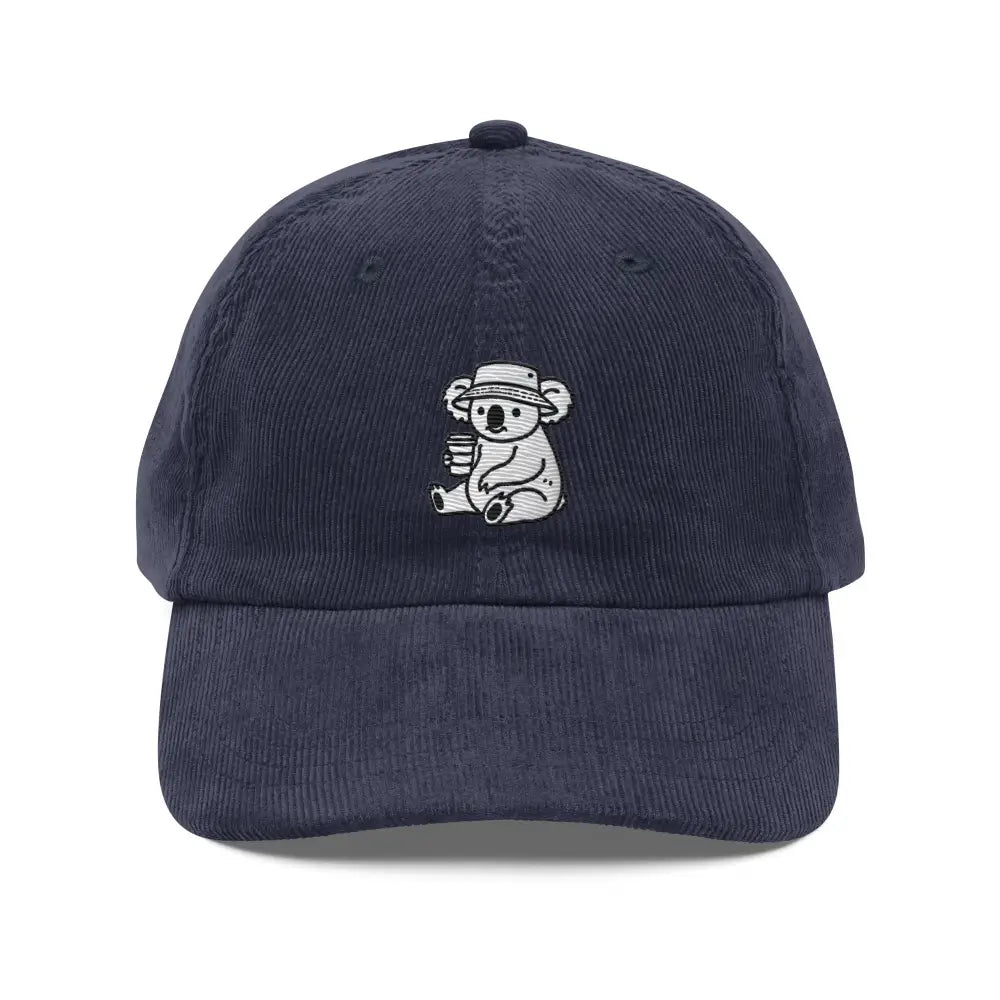 Dark blue embroidered corduroy cap with koala holding coffee cup