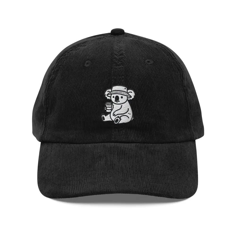 Embroidered corduroy cap with koala holding coffee for morning mood
