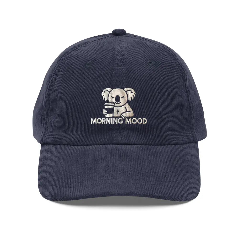 Navy blue embroidered corduroy cap with koala holding coffee for morning mood