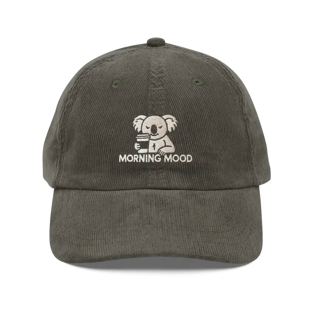 Dark olive green embroidered corduroy cap with koala holding coffee