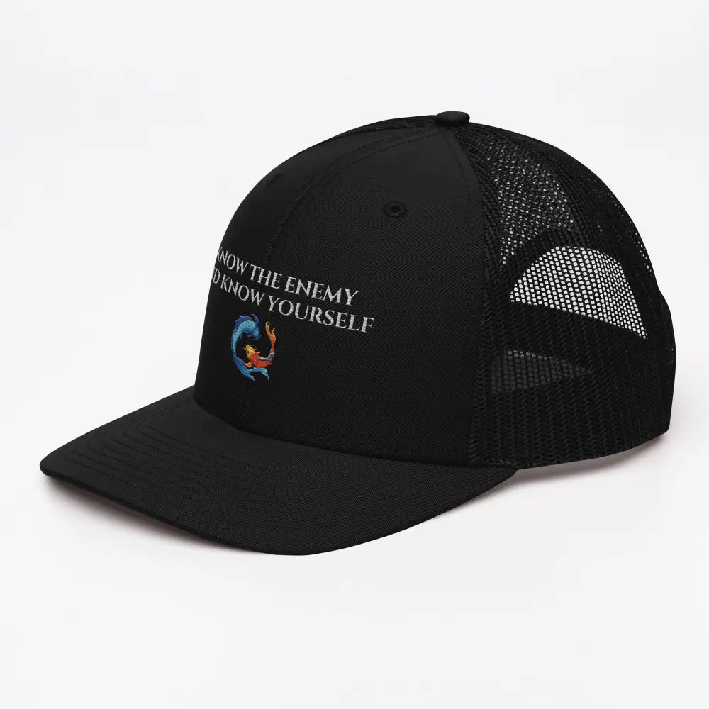 Black Trini Skies Trucker Cap with Embroidered Koi Fish Logo