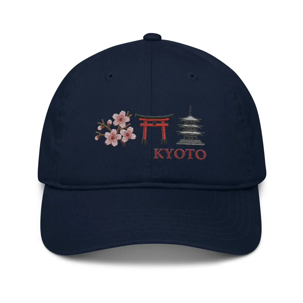 Kyoto organic cotton embroidered hat with cherry blossoms, torii gate, pagoda, and KYOTO lettering