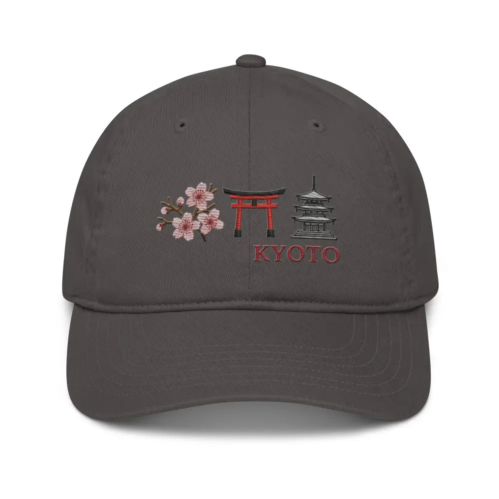 Dark gray Kyoto organic cotton embroidered hat with cherry blossom torii landmarks