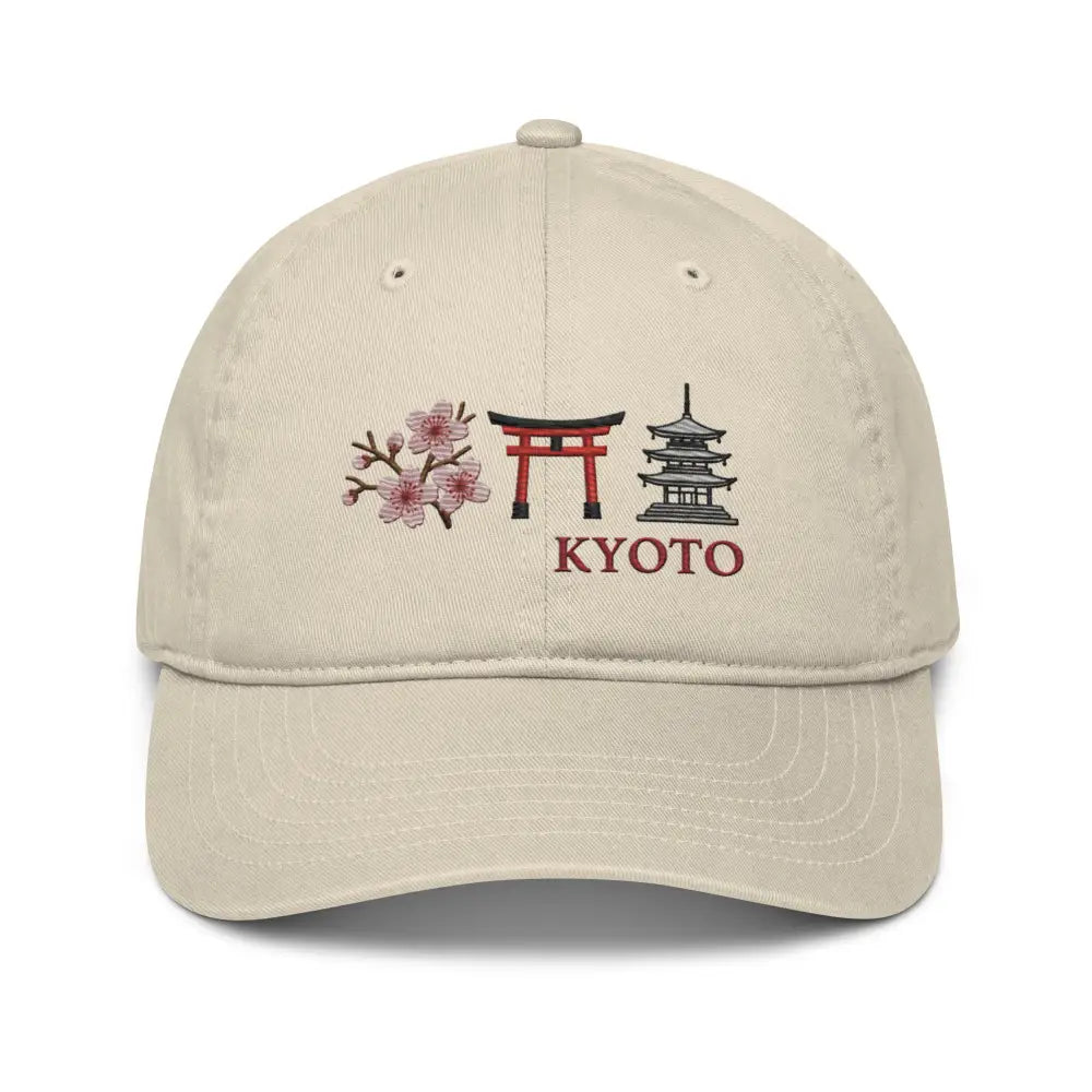 Light beige Kyoto Organic Cotton embroidered hat with Japanese motifs and cherry blossom design