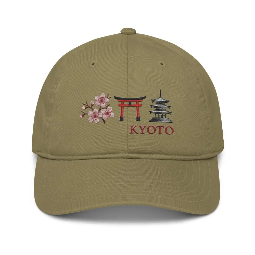 Olive green Kyoto organic cotton embroidered hat with cherry blossoms, torii gate, pagoda