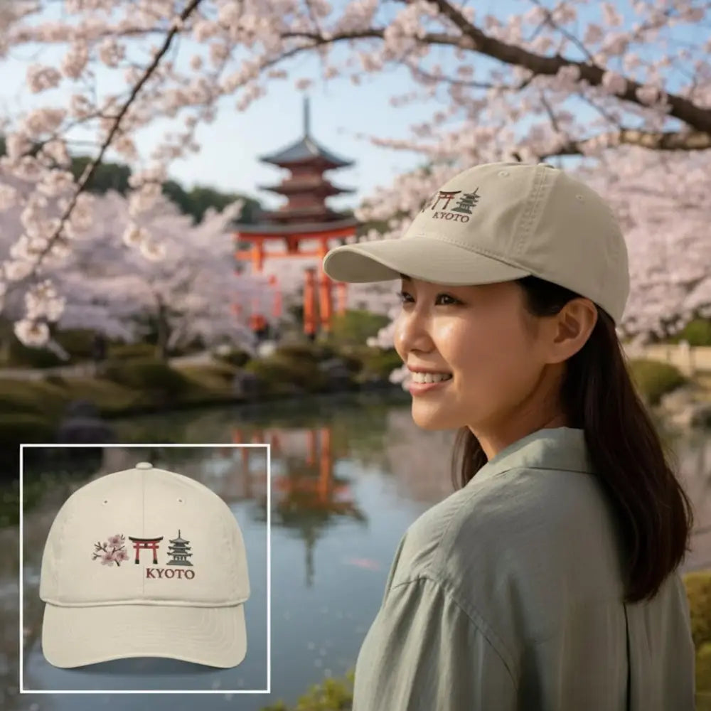 Kyoto organic cotton embroidered hat with cherry blossom torii design