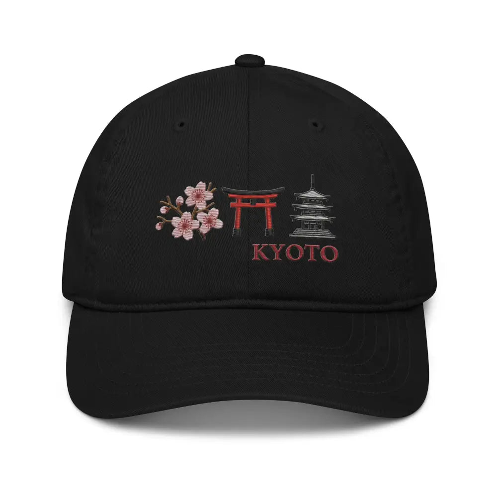 Black Kyoto organic cotton embroidered hat with cherry blossoms, torii gate, pagoda, and Kyoto text