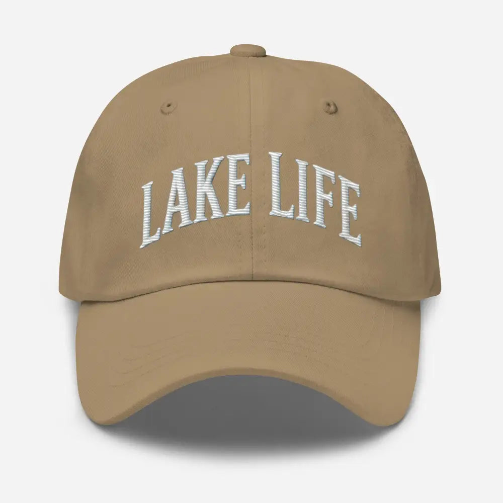 Trini Skies tan embroidered corduroy cap with Lake Life design