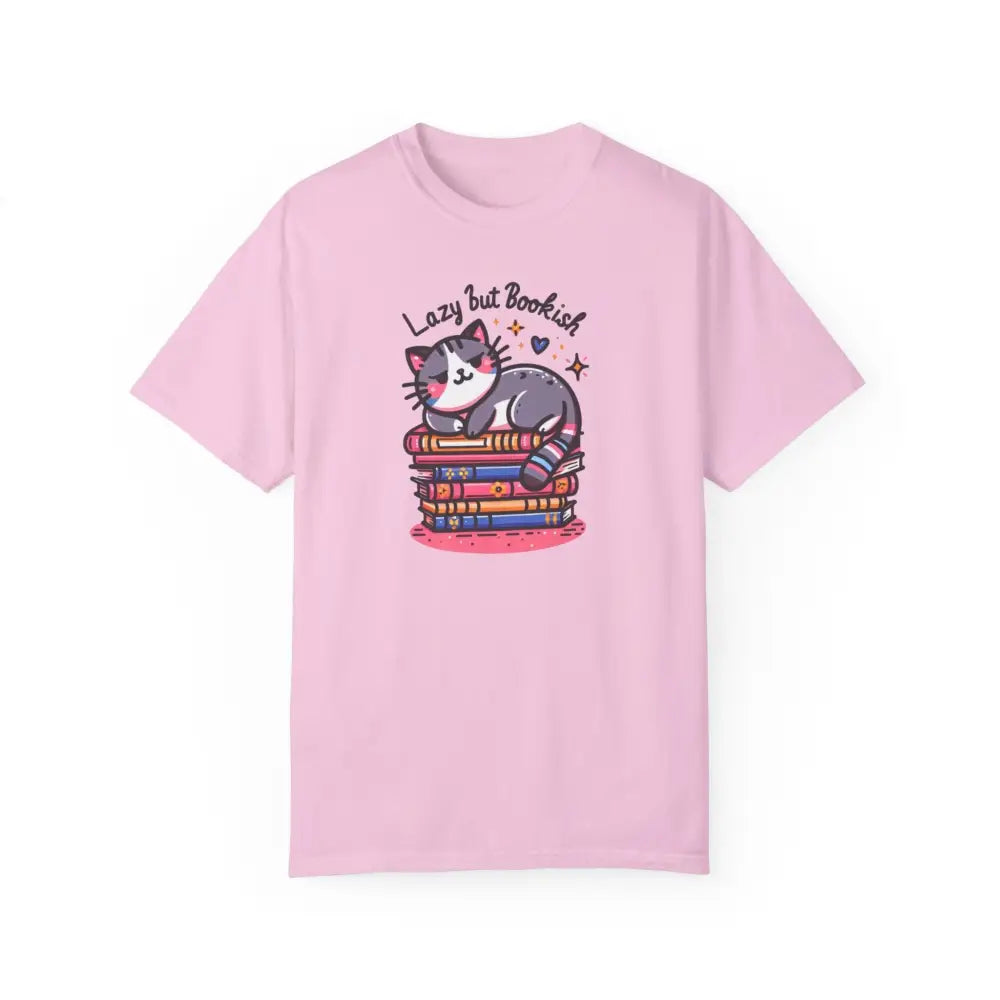Pink T-shirt with bookish adorable cat graphic on a stack of books for a stylish look