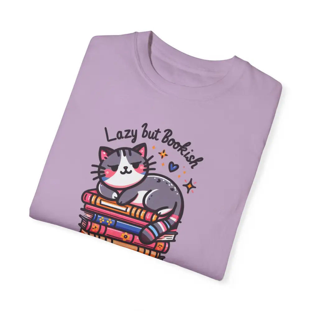 Lavender Bookish Adorable Cat Graphic Tee with cute cat and books design, perfect for book lovers