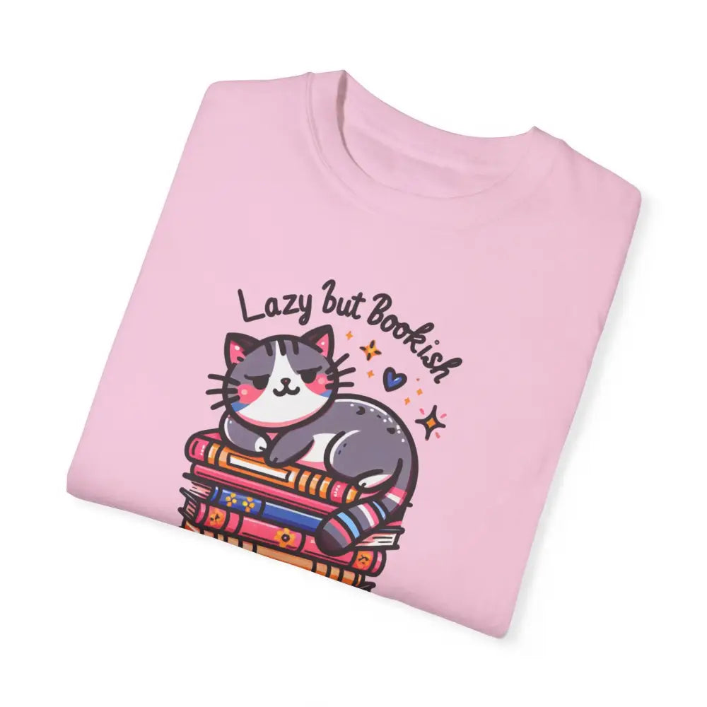 Pink t-shirt with bookish adorable cat graphic, perfect for make America great fans
