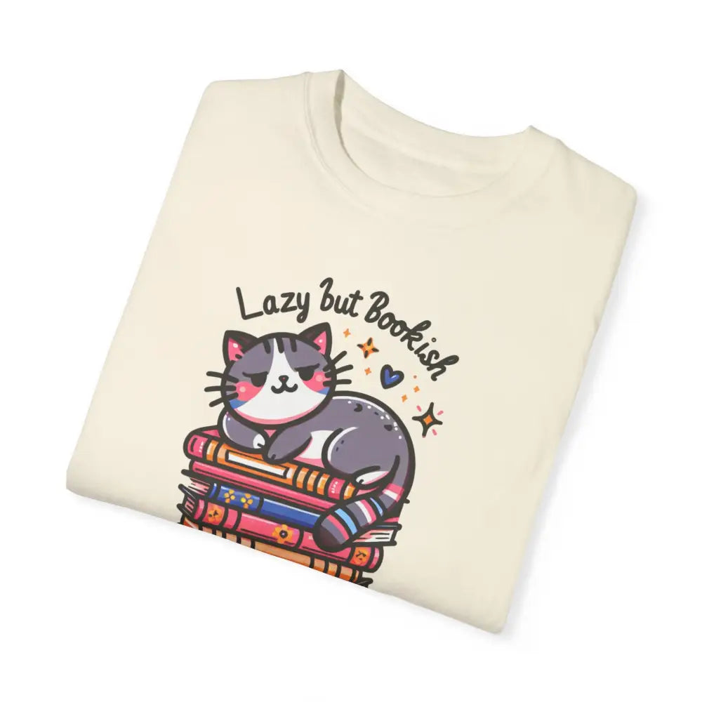 Bookish adorable cat on light tee with Lazy but Bookish text