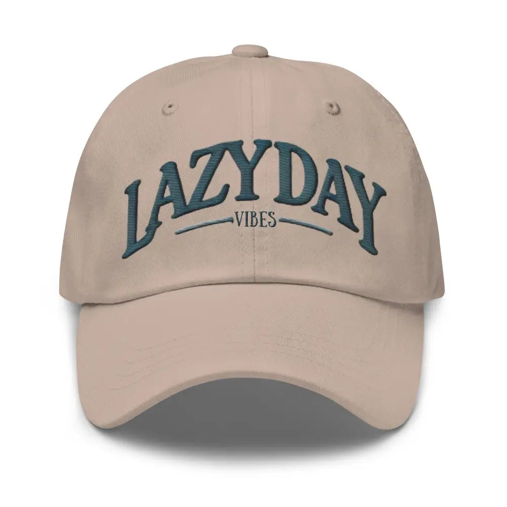 Beige embroidered dad hat with lazy day vibes text in chino cotton twill fabric