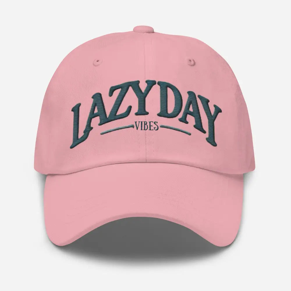 Pink baseball cap with lazy day vibes embroidered in dark teal on chino cotton twill