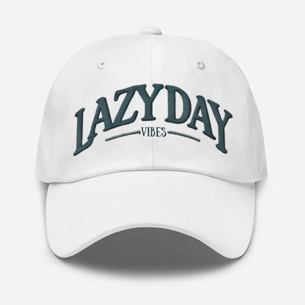White chino cotton twill embroidered dad hat with lazy day vibes design