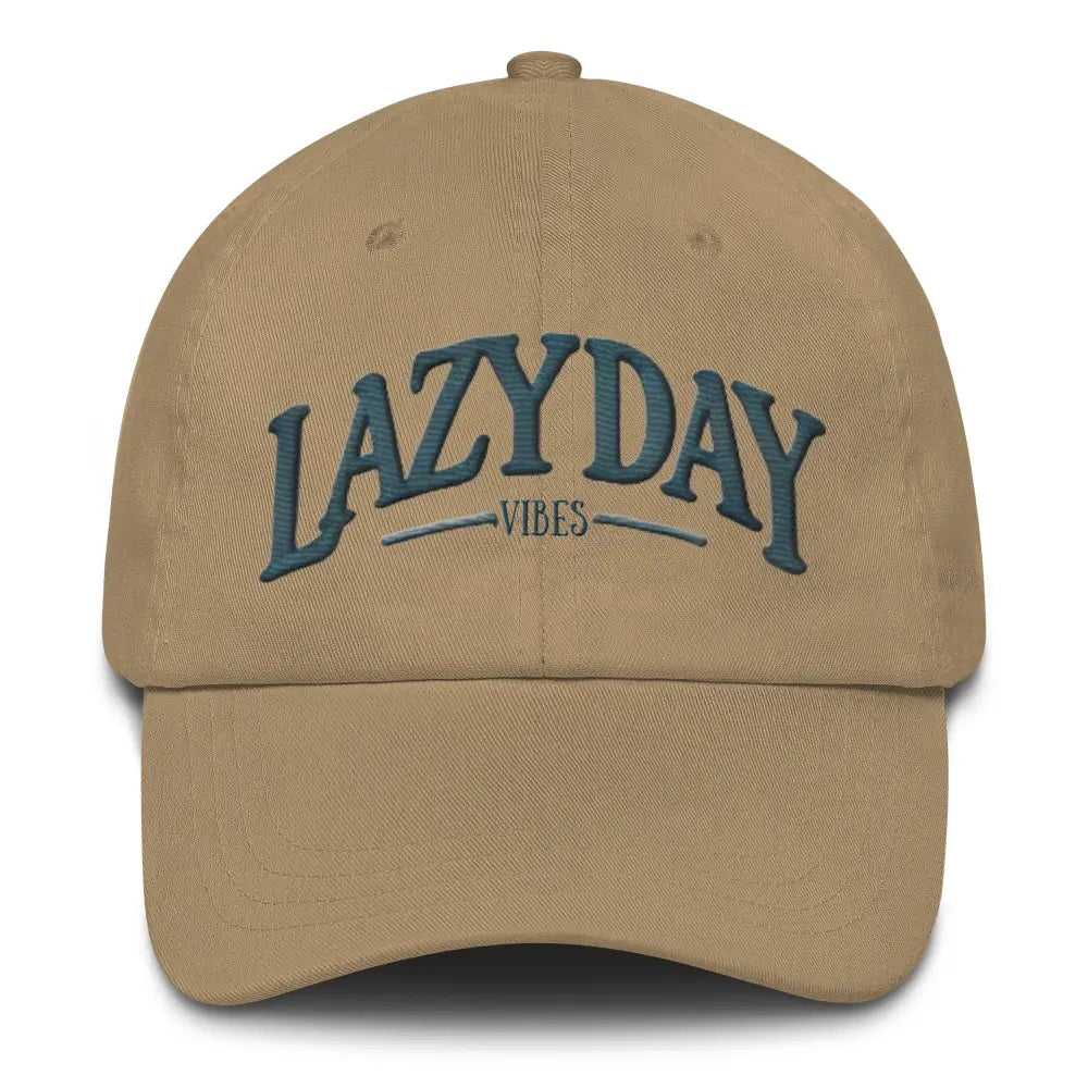 Tan embroidered dad hat in chino cotton twill with lazy day vibes design