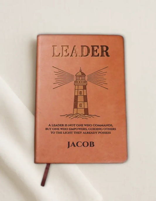 Brown faux leather Leader Journal with lighthouse design for leadership development