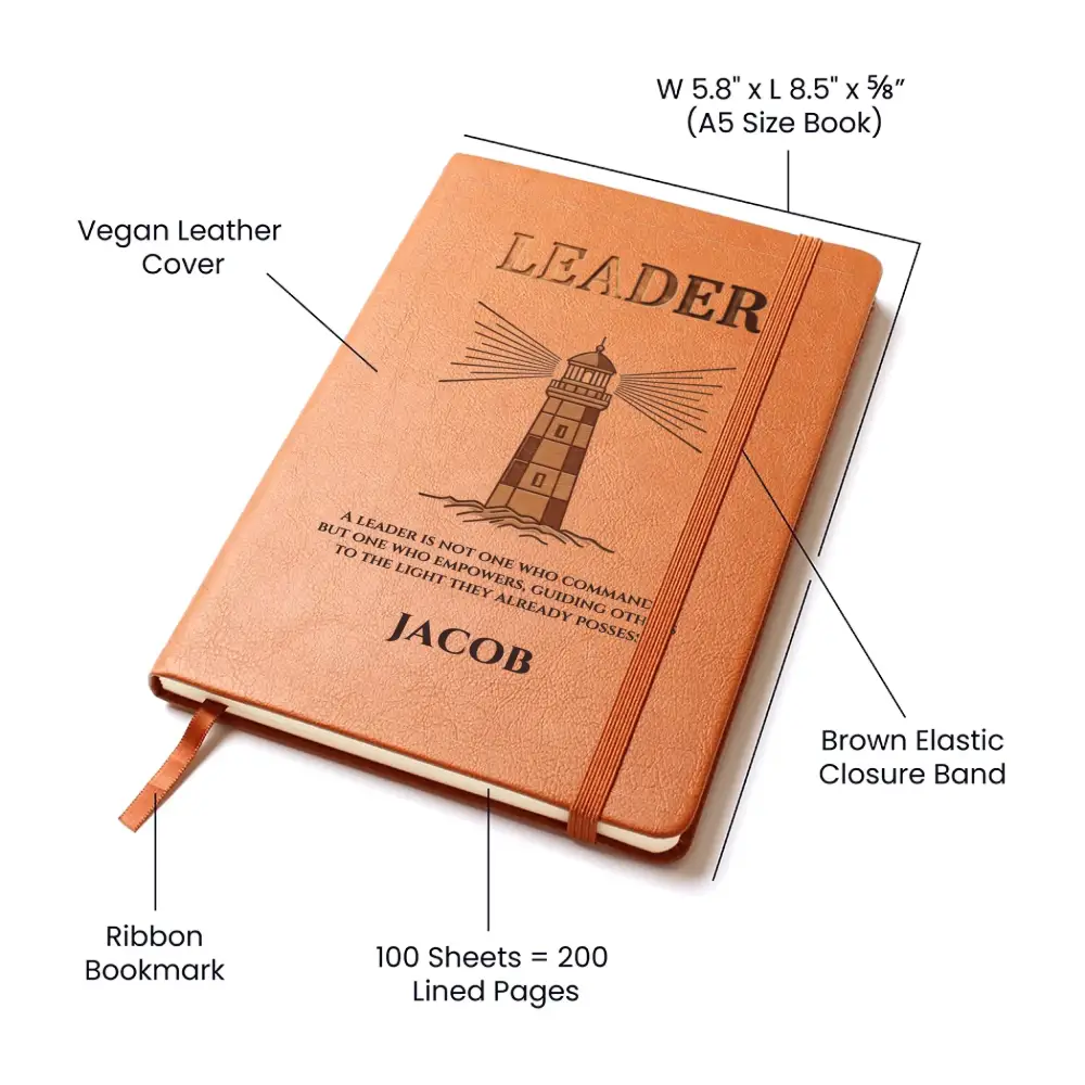 Personalized vegan leather leader journal with lighthouse design