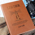 Personalized brown leatherette leader journal with lighthouse design