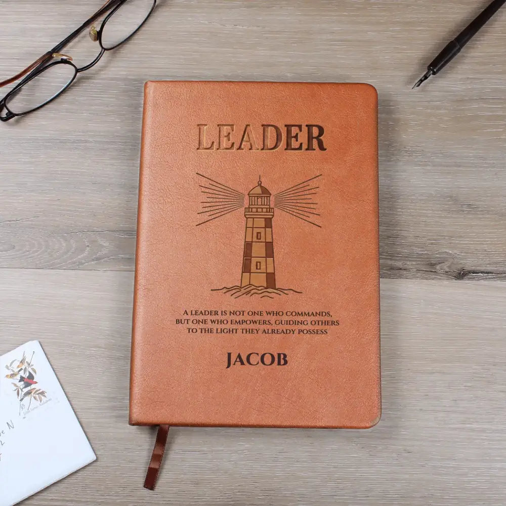 Personalized brown leatherette Leader Journal with lighthouse design for leadership development