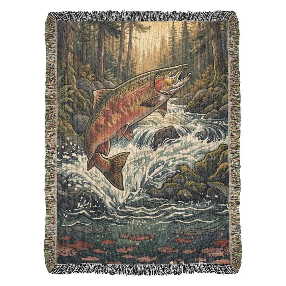 Leaping rainbow trout woven tapestry throw with river king fishing decor