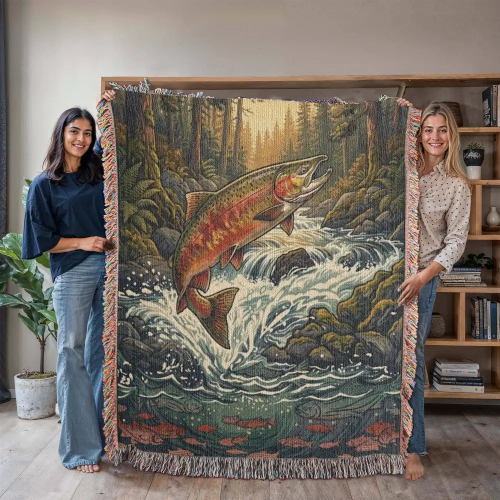 Vibrant leaping rainbow trout woven tapestry throw in river king decor