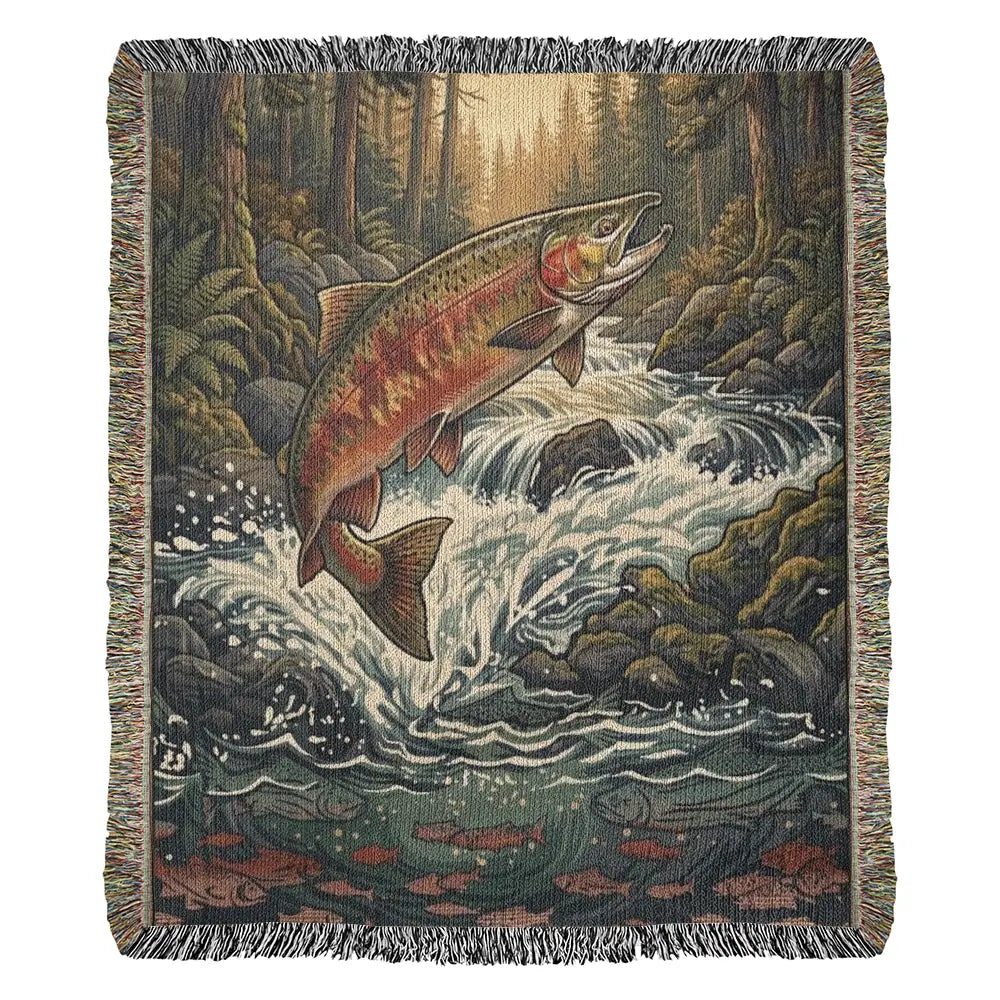 Vibrant leaping rainbow trout woven tapestry throw in river king fishing decor
