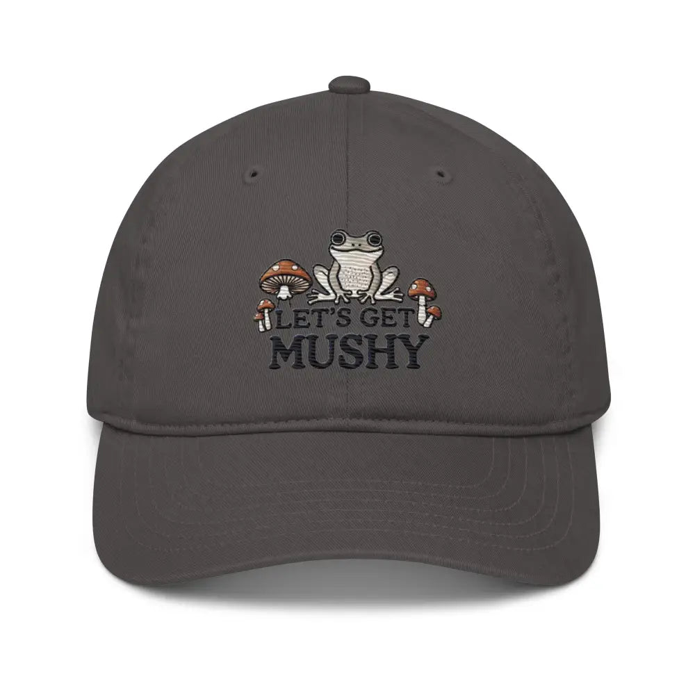 Trini Skies mushy embroidered organic cotton dad hat with frog and mushrooms