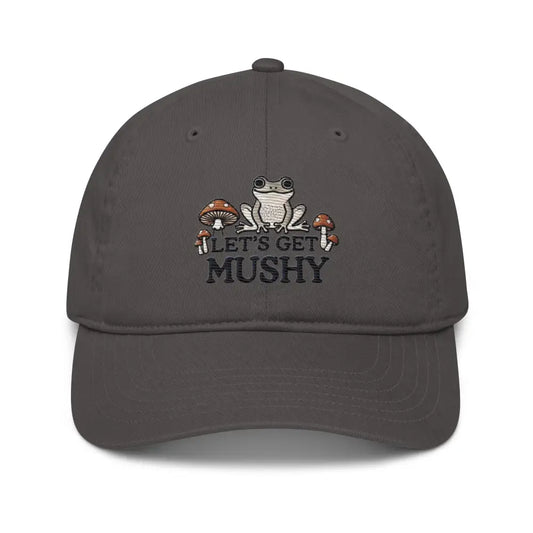 Let’s Get Mushy Embroidered Organic Cotton Dad Hat - Charcoal - Hats dark gray baseball cap embroidered 1