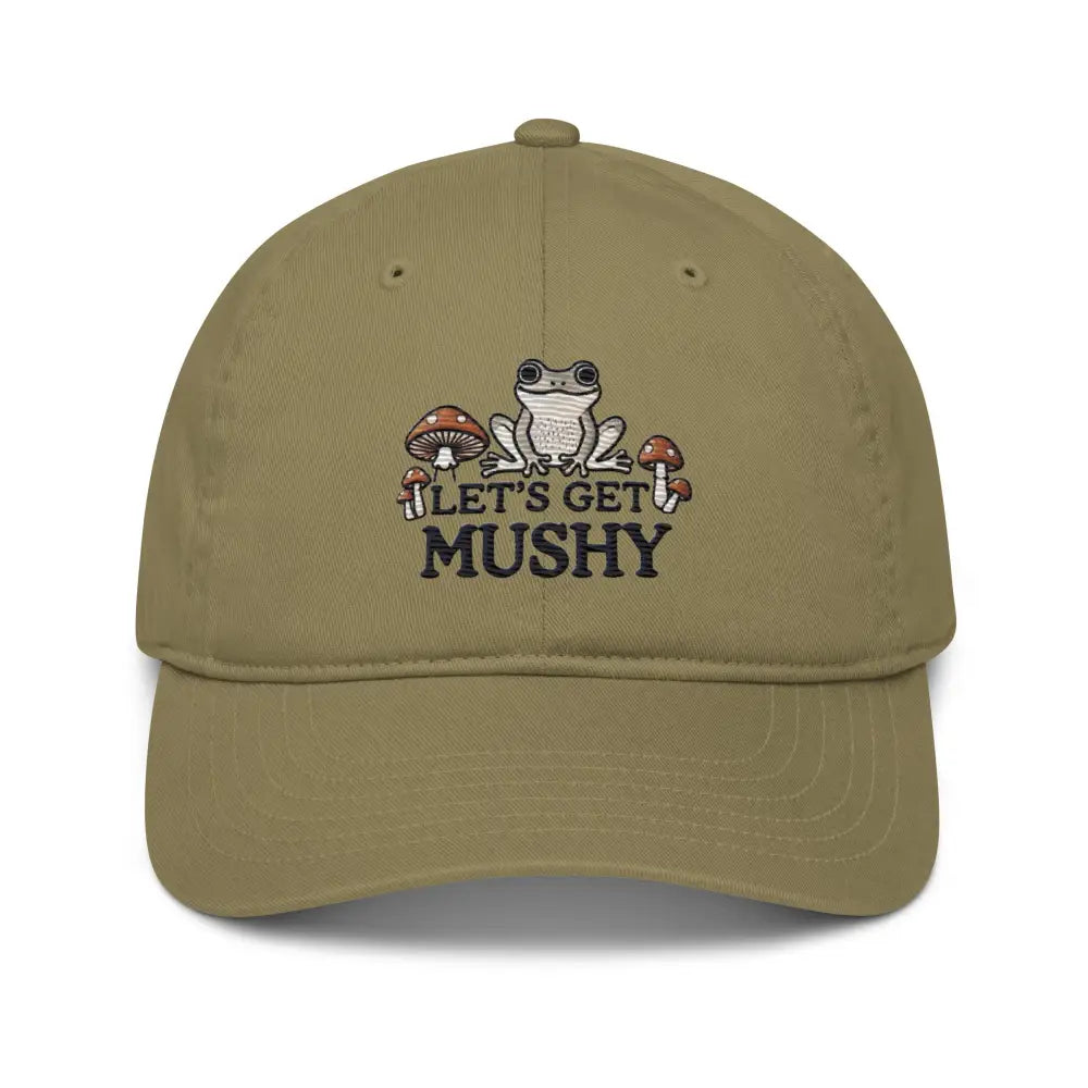 Trini Skies mushy embroidered organic cotton dad hat with frog mushroom design