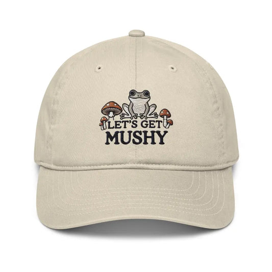 Trini Skies mushy embroidered organic cotton dad hat with frog and mushrooms