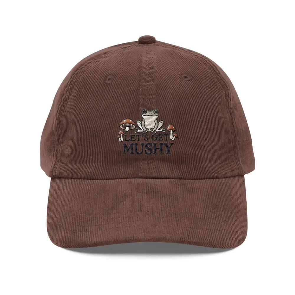Brown vintage corduroy cap with frog and mushroom embroidery, perfect for Trini Skies fans