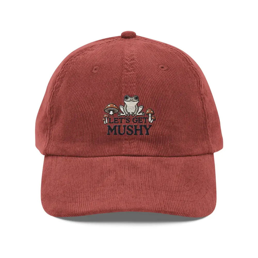 Red corduroy baseball cap with frog and mushroom embroidery, vintage mushy embroidered style