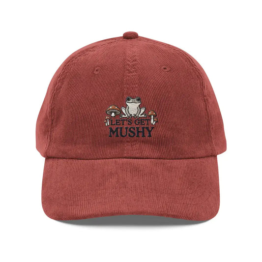 Let’s Get Mushy Embroidered Vintage Corduroy Cap - Burgundy - Hats red corduroy baseball cap embroidered 1