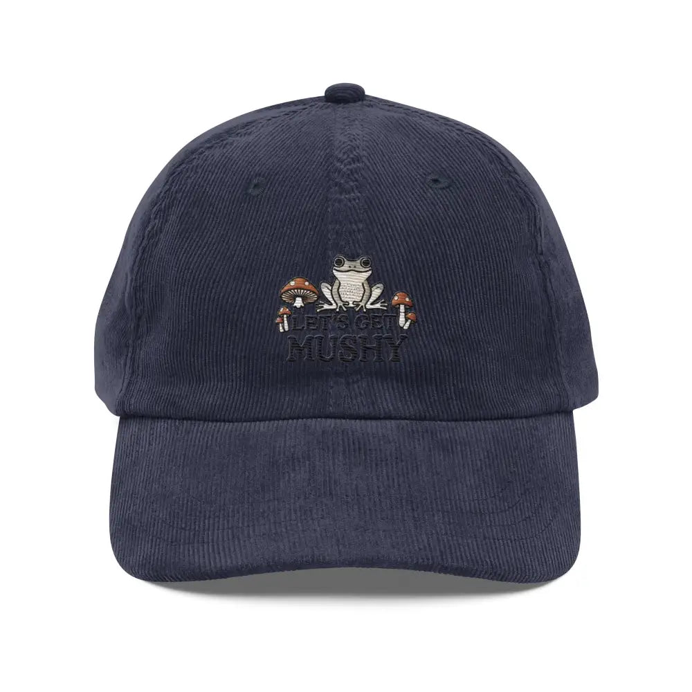 Dark blue vintage corduroy cap with mushy embroidered frog and mushrooms by Trini Skies
