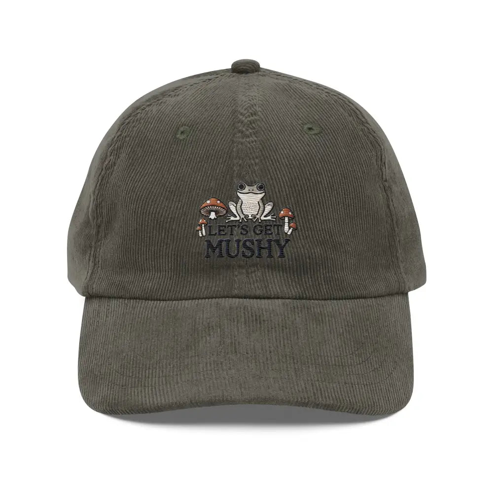 Dark green vintage corduroy cap with frog and mushroom embroidery by Trini Skies