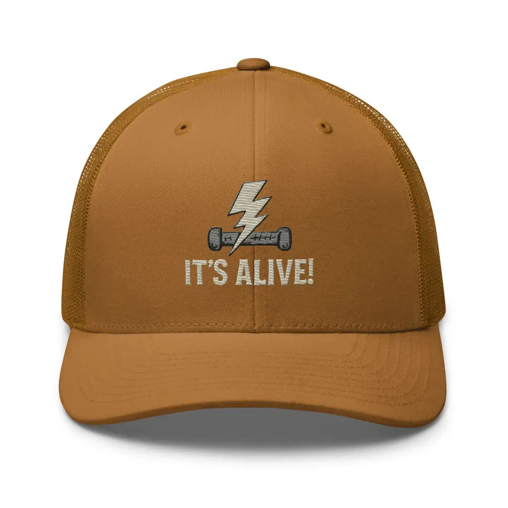 Brown trucker hat with resistor graphic embroidered dumbbell and lightning bolt design
