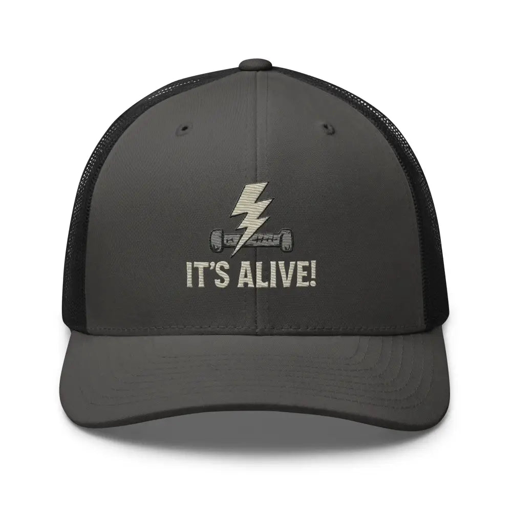 Dark gray trucker hat brings resistor graphic embroidered lightning bolt and dumbbell design