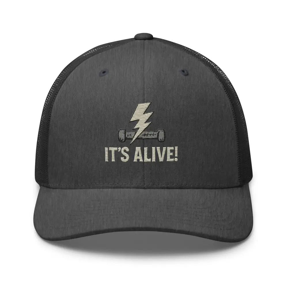 Dark gray trucker hat with embroidered lightning bolt and resistor graphic