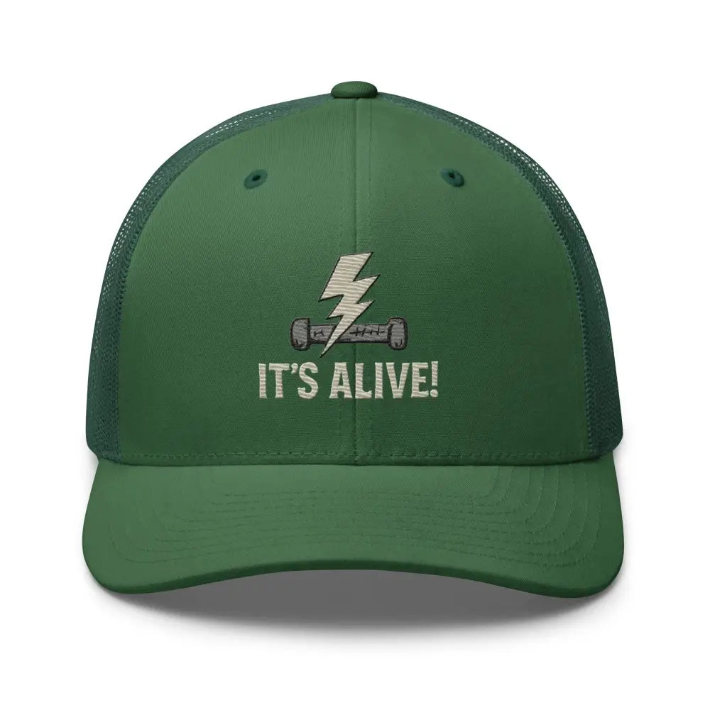 Dark green Frankenstein trucker hat with It’s Alive lightning bolt embroidered design