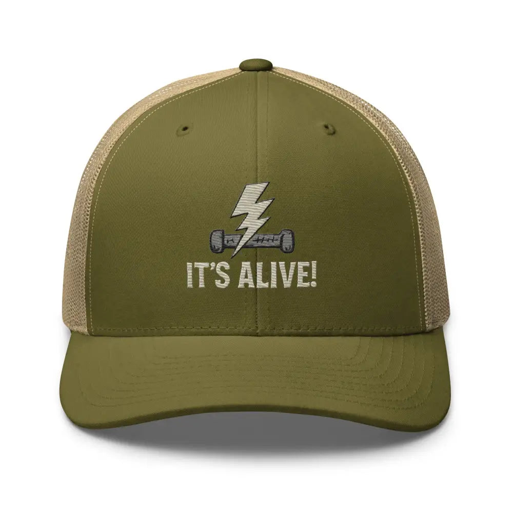 Olive green trucker hat brings Frankenstein lightning bolt and dumbbell embroidered design
