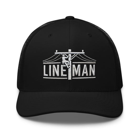 Lineman Embroidered Trucker Cap | Classic Mesh Back Hat Great Gift Idea - Black - Hats 1