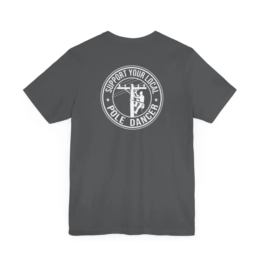 Dark gray t-shirt with local pole dancer graphic on back